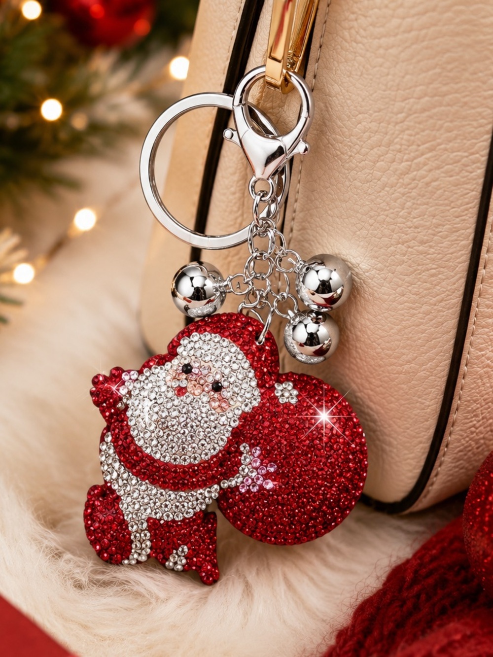 Santa Claus Rhinestone Keychain Christmas Bag Charm Bling Holiday Gift